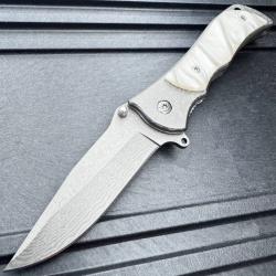 Couteau Semi Automatique ElitEdge Lame Acier 440C Motif Damas Manche Imitation Nacre Linerlock Clip
