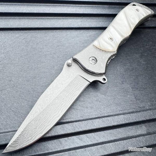 Couteau Semi Automatique ElitEdge Lame Acier 440C Motif Damas Manche Imitation Nacre Linerlock Clip