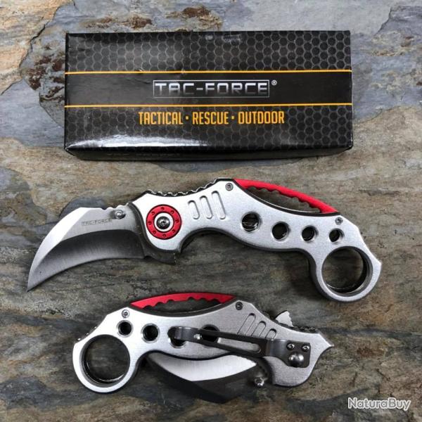 Couteau Karambit Tac Force Semi Automatique Lame Acier Inox Manche Aluminium Rouge & Gris Linerlock