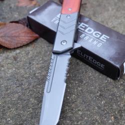 Couteau ElitEdge Semi-Automatique Lame Tanto Serr Acier 440C Manche Acier/Bois Linerlock Clip