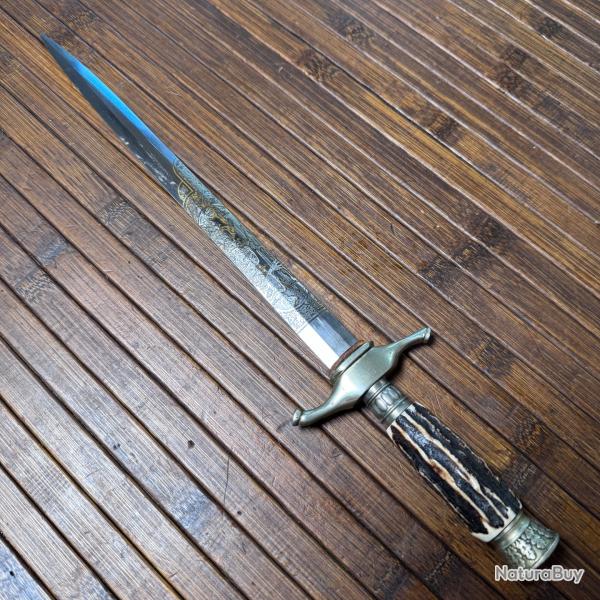 COUTEAU DAGUE DE V�NERIE HUBERTUS A SOLINGEN GRAVURES DE SC�NE DE CHASSE SUR FOND D'OR