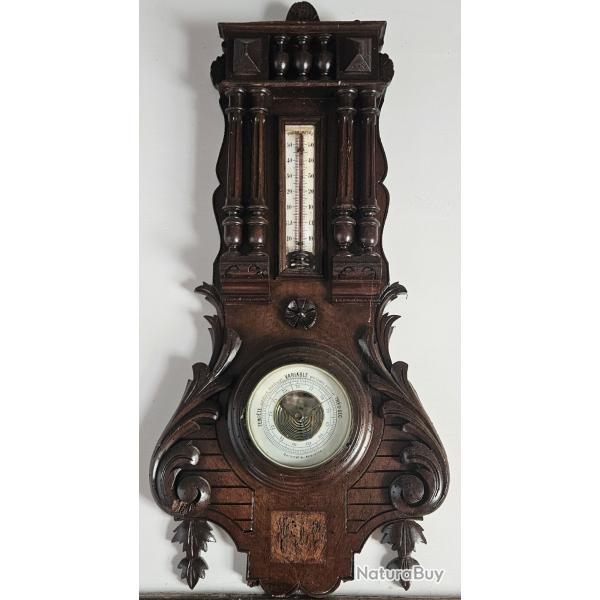 Ancien barom�tre an�ro�de et thermom�tre mural en bois sculpt� style Napol�on III