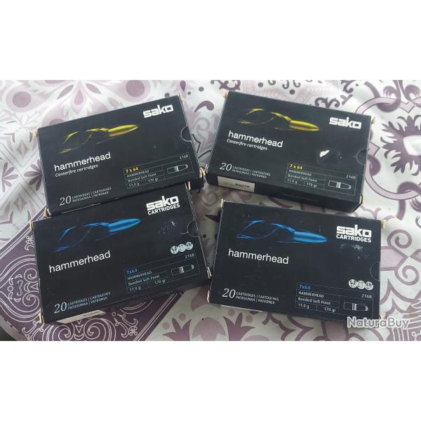 Lot de 4 bo�tes de balles sako hammerhead calibre 7x64 bonded soft point 11.0g 170gr
