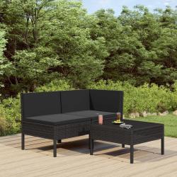 Salon de jardin 3 pcs avec coussins R&eacute;sine tress&eacute;e Noir