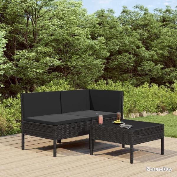 Salon de jardin 3 pcs avec coussins R�sine tress�e Noir