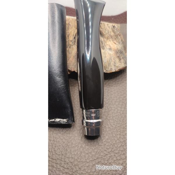 OP04 - Couteau pliant OPINEL  lame inox 8 custom corne noire + �tui cuir OFFERT