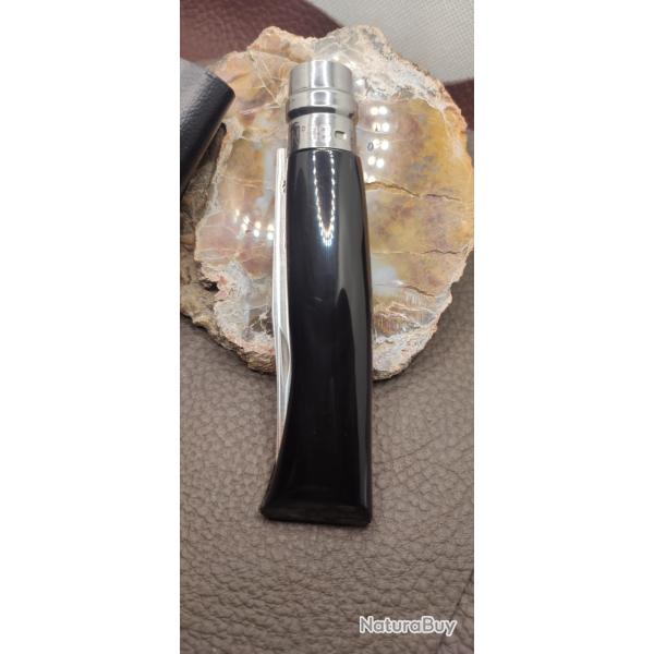 OP07 - Couteau pliant OPINEL  lame inox 8 custom corne noire + �tui cuir OFFERT