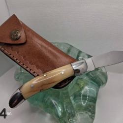 C14 - Couteau pliant manche os naturel finition brillante + &eacute;tui cuir