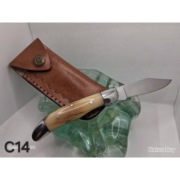 C14 - Couteau pliant manche os naturel finition brillante + �tui cuir