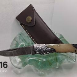 C16 - Couteau damas manche os mitres arabesques + &eacute;tui cuir