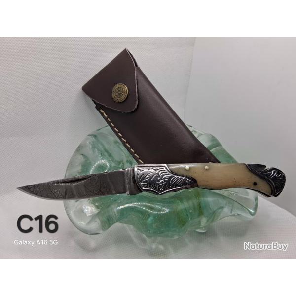 C16 - Couteau damas manche os mitres arabesques + �tui cuir