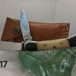 C17 - Couteau double lame manche os + &eacute;tui cuir