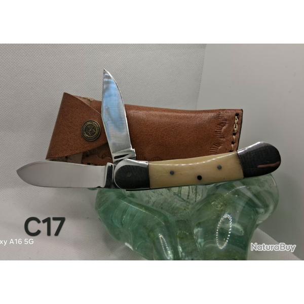 C17 - Couteau double lame manche os + �tui cuir