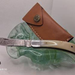 C18 - Couteau pliant damas manche os + &eacute;tui cuir