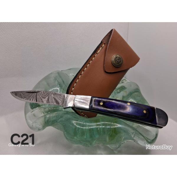 C21 - Couteau pliant damas manche bois teint� bleu + �tui cuir