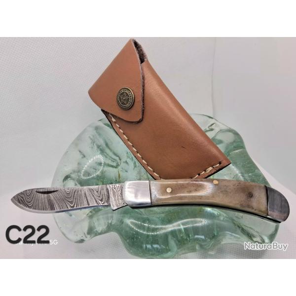 C22 - Couteau pliant damas manche os naturel + �tui cuir