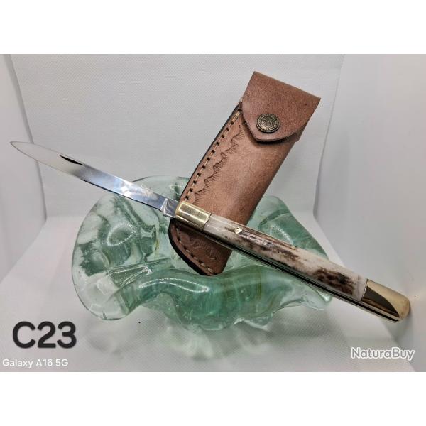 C23 - Couteau pliant manche bois de cerf (type andouiller) + �tui cuir