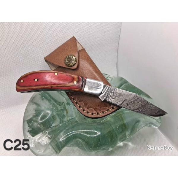 C25 - Couteau pliant damas - manche bois rouge - �tui cuir