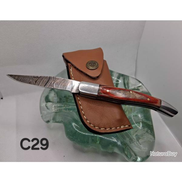 C29 - Couteau pliant damas - manche bois rouge vein� - �tui cuir