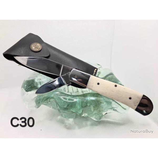 C30 - Couteau pliant double lame - finition miroir - manche os clair - �tui cuir