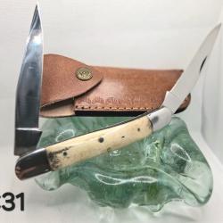 C31 - Couteau pliant double lame - finition miroir - manche os clair - &eacute;tui cuir