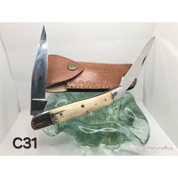 C31 - Couteau pliant double lame - finition miroir - manche os clair - �tui cuir