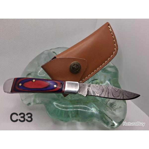 C33 - Couteau pliant style damas - manche color� rouge/bleu - �tui cuir