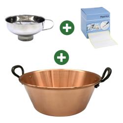 Kit bassine cuivre + entonnoir + 500 &eacute;tiquettes pour confitures maison