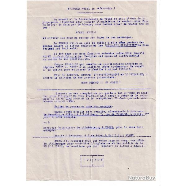RARE Tract de la R�sistance Fran�aise 1941-42 Contre R�f�rendum Anti Vichy document guerre 39-45