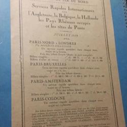 Chemin de fer du Nord juillet 1919 RARE horaires tarifs (sncf) apres guerre service rapide