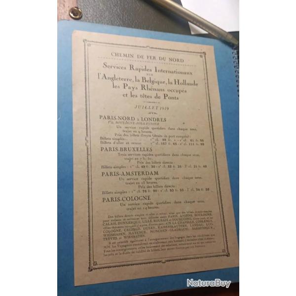 Chemin de fer du Nord juillet 1919 RARE horaires tarifs (sncf) apres guerre service rapide
