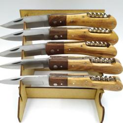 LOT DE 5 COUTEAUX  BERGER  MANCHE BOIS D'OLIVIER ET PALISSANDRE AVEC TIRE BOUCHON 65888f