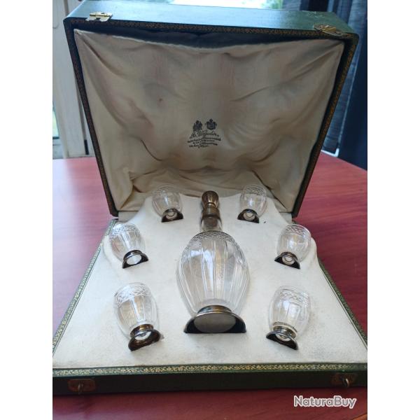 Rare tr�s ancien coffret � liqueur en cristal et argent massif Minerve 1er titre