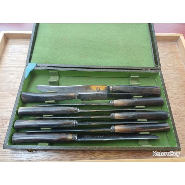 Ancien et rare service de 8 couteaux � manche en corne et virole argent massif