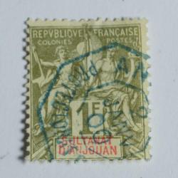 Timbre Anjouan 1892 1f papier teint&eacute; oblit&eacute;r&eacute;