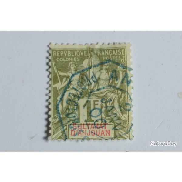 Timbre Anjouan 1892 1f papier teint� oblit�r�