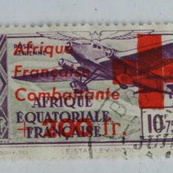 Timbre A.E.F 1943 croix rouge poste a&eacute;rienne surcharg&eacute;s oblit&eacute;r&eacute;