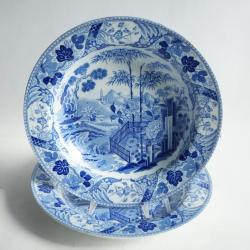 2 Assiettes creuses fa&iuml;ence Wedgwood Palissade bleue 25 cm