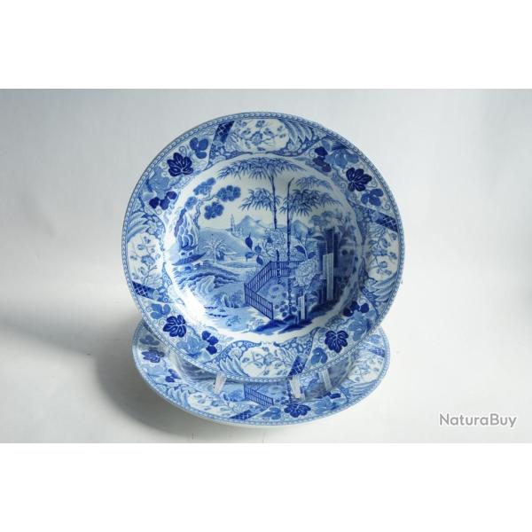 2 Assiettes creuses fa�ence Wedgwood Palissade bleue 25 cm