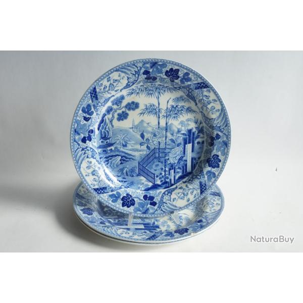 3 Assiettes fa�ence Wedgwood Palissade bleue 24 cm