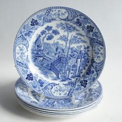 6 Assiettes fa&iuml;ence Wedgwood Palissade bleue 20 cm