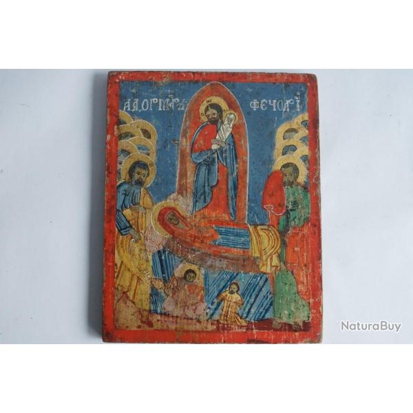 Ic�ne orthodoxe peinte double face Dormition et Transfiguration