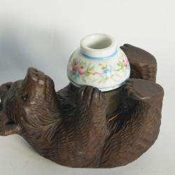 Ancien Ours encrier bois sculpt&eacute; Art populaire Suisse Brienz