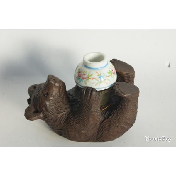 Ancien Ours encrier bois sculpt� Art populaire Suisse Brienz