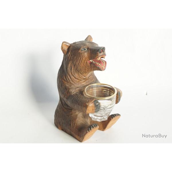Ancien Ours porte verre bois sculpt� Art populaire Suisse Brienz