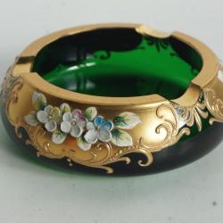 Cendrier verre vert &eacute;maill&eacute; or Fleurs Boh&egrave;me