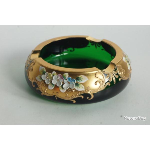 Cendrier verre vert �maill� or Fleurs Boh�me