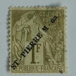 Timbre Saint Pierre et Miquelon 1f 1891 surcharge oblit&eacute;r&eacute;