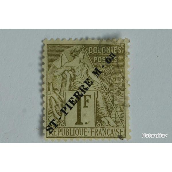 Timbre Saint Pierre et Miquelon 1f 1891 surcharge oblit�r�