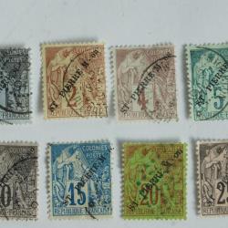 S&eacute;rie timbres Saint Pierre et Miquelon 1891 surcharge oblit&eacute;r&eacute;